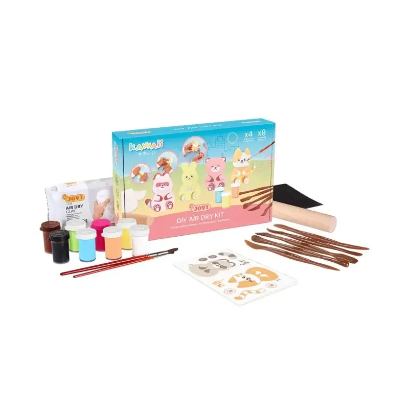 Jovi Kawaii Air Dry Kit con Pasta Endurecible 500gr + 4 Plantillas + Pinturas + Complementos - Facil de Moldear - Colores Surtid