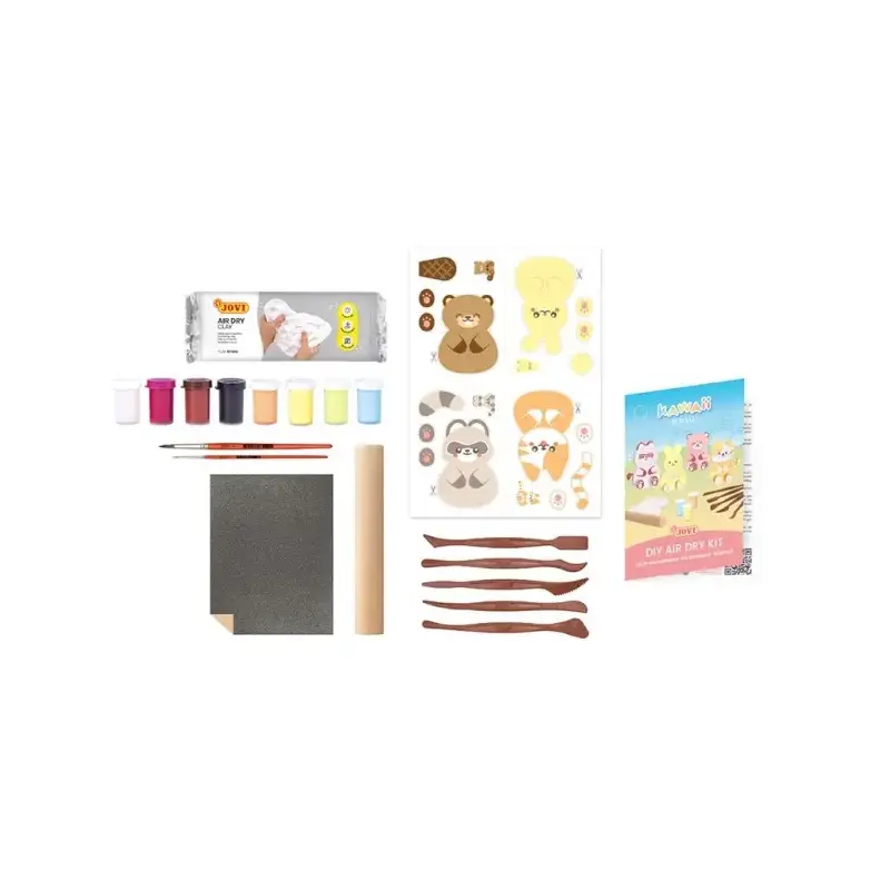 Jovi Kawaii Air Dry Kit con Pasta Endurecible 500gr + 4 Plantillas + Pinturas + Complementos - Facil de Moldear - Colores Surtid