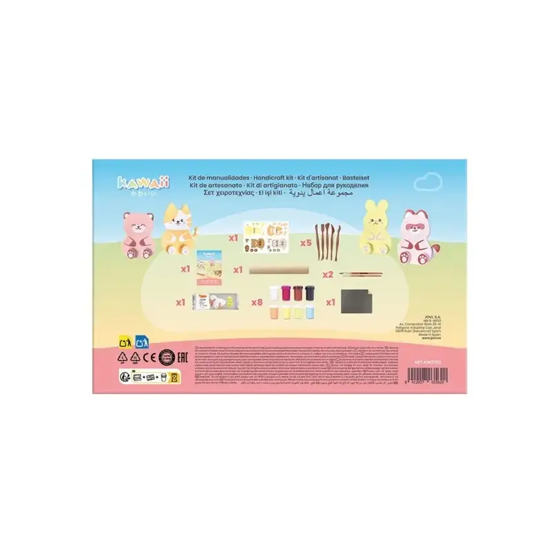 Jovi Kawaii Air Dry Kit con Pasta Endurecible 500gr + 4 Plantillas + Pinturas + Complementos - Facil de Moldear - Colores Surtid