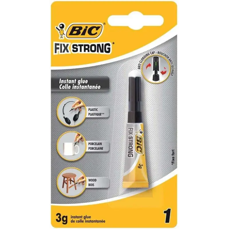 Bic Fix Strong Pegamento de Contacto Extra Fuerte 3gr - Uso en Madera, Plastico y Porcelana - No Gotea - Tapon Anti-Obstruccion