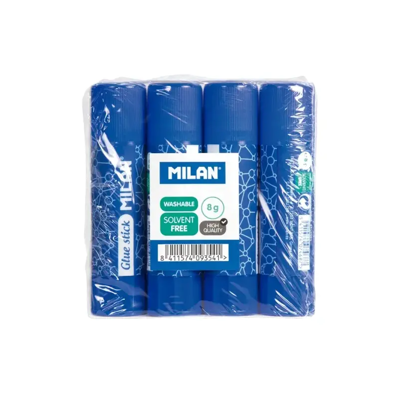 Milan Pack 4 Barras de Pegamento 8 g - Multiusos - Multisuperficies - Sin Disolventes - Uso Escolar - Color Azul | Ahorro Imprim