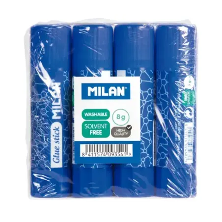 Milan Pack 4 Barras de Pegamento 8 g - Multiusos - Multisuperficies - Sin Disolventes - Uso Escolar - Color Azul | Ahorro Imprim