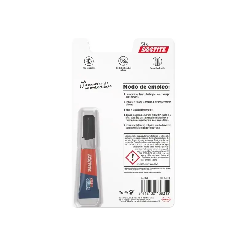 Loctite Super Glue-3 Original Pegamento Transparente Instantaneo 3gr - Formula Triple Resistencia - Secado en 3 Segundos - Tapon