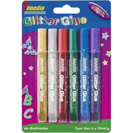 Imedio Glitter Glue "Original" Pack de 6 Tubos de Pegamento con Brillantina 10ml - Para Distintos Materiales - Tubo Extrablando