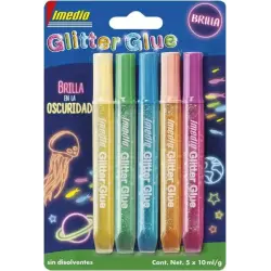 Imedio Glitter Glue "Brilla en la Oscuridad" Pack de 5 Tubos de Pegamento con Brillantina 10ml - Brilla en la Oscuridad - Para D