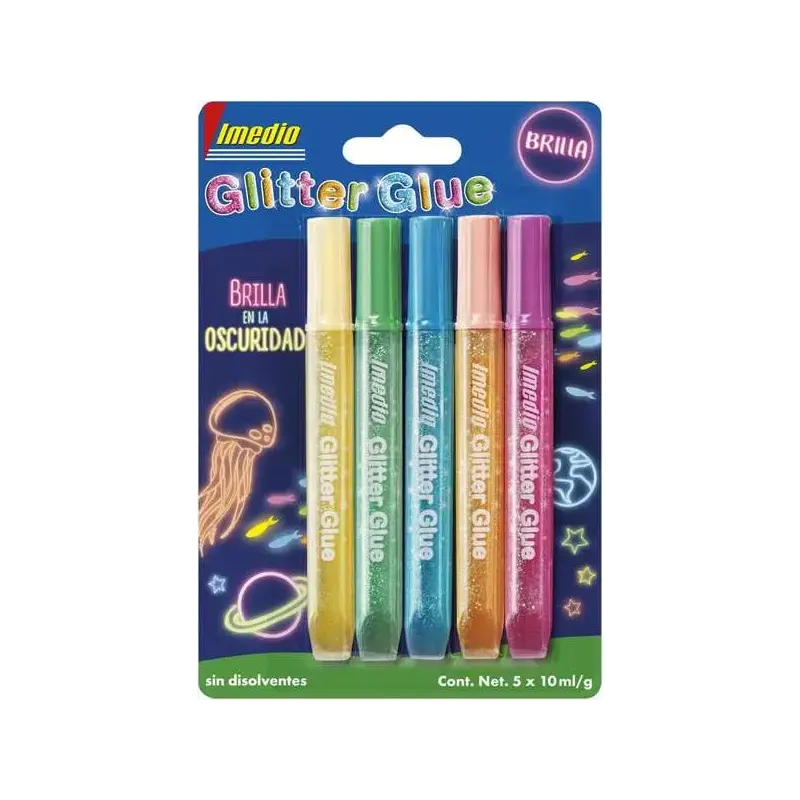 Imedio Glitter Glue "Brilla en la Oscuridad" Pack de 5 Tubos de Pegamento con Brillantina 10ml - Brilla en la Oscuridad - Para D