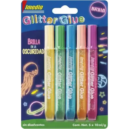 Imedio Glitter Glue "Brilla en la Oscuridad" Pack de 5 Tubos de Pegamento con Brillantina 10ml - Brilla en la Oscuridad - Para D
