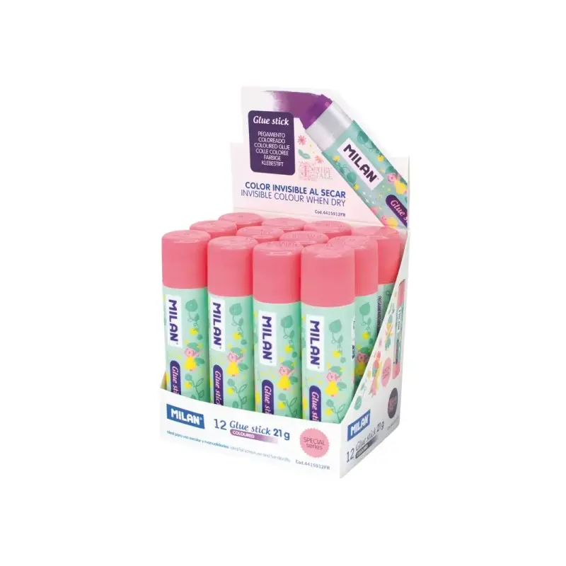 Milan Fairy Tale Expositor con 12 Barras de Pegamento 21g - Multiusos - Multisuperficies - Sin Disolventes - Uso Escolar - Color