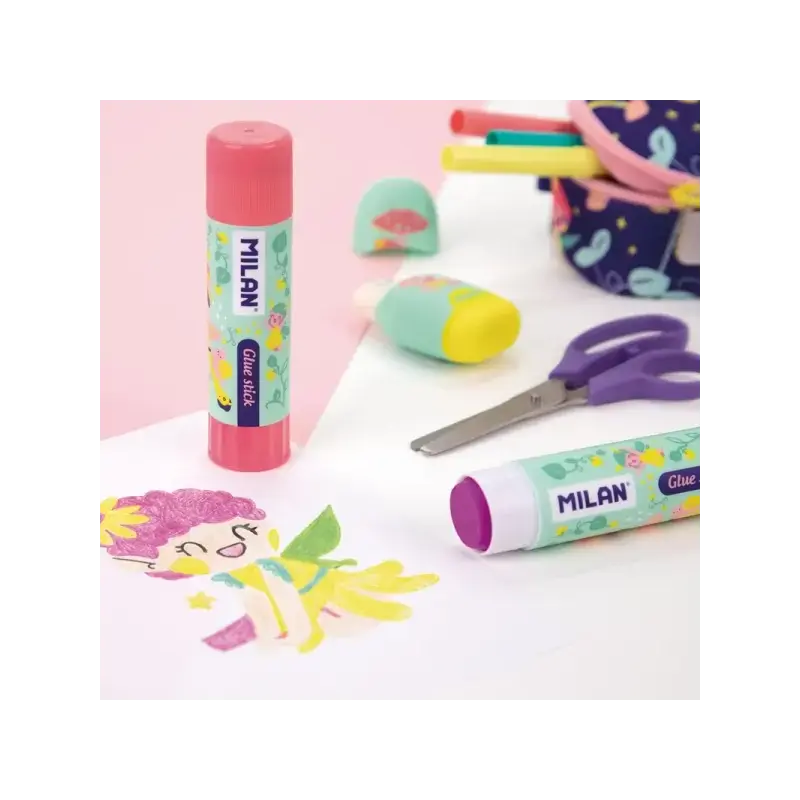 Milan Fairy Tale Expositor con 12 Barras de Pegamento 21g - Multiusos - Multisuperficies - Sin Disolventes - Uso Escolar - Color