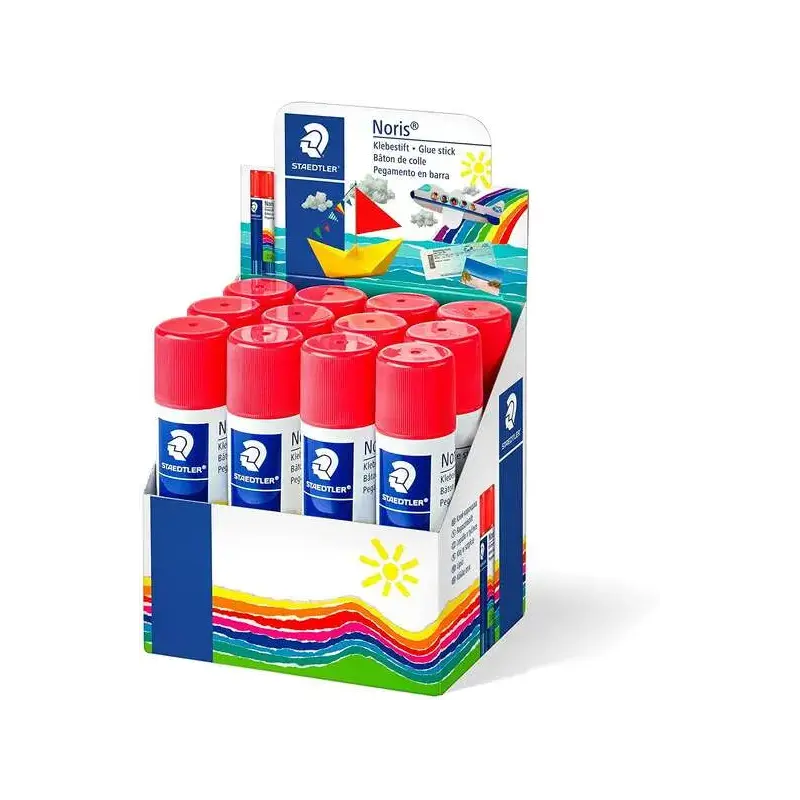 Staedtler Noris Expositor de 12 Barras de Pegamento 20gr - Sin Disolventes - Uso Escolar - Pega Papel, Cartulina, Tejido etc | A