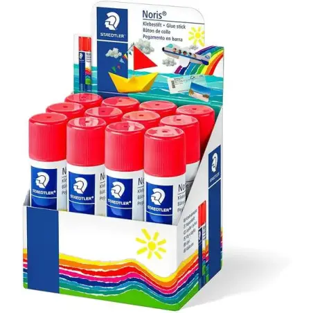 Staedtler Noris Expositor de 12 Barras de Pegamento 20gr - Sin Disolventes - Uso Escolar - Pega Papel, Cartulina, Tejido etc | A