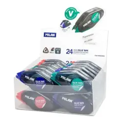 Milan Expositor de 24 Cintas de Pegamento Compacto 8,4mm x 5m - Diseño Ergonomico - Secado Rapido - Colores Surtidos | Ahorro Im