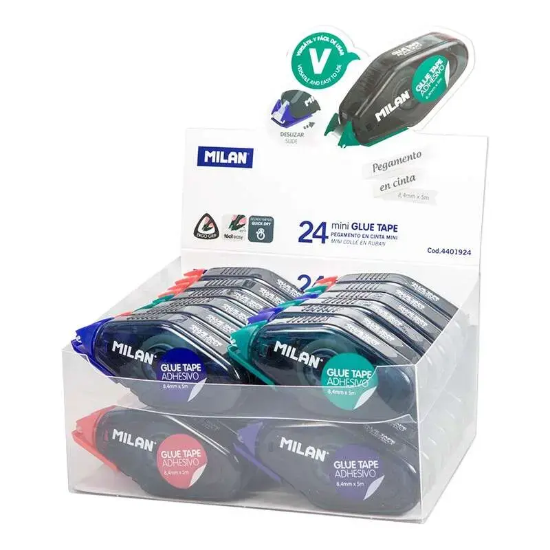 Milan Expositor de 24 Cintas de Pegamento Compacto 8,4mm x 5m - Diseño Ergonomico - Secado Rapido - Colores Surtidos | Ahorro Im