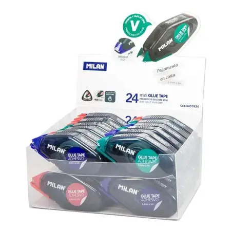 Milan Expositor de 24 Cintas de Pegamento Compacto 8,4mm x 5m - Diseño Ergonomico - Secado Rapido - Colores Surtidos | Ahorro Im