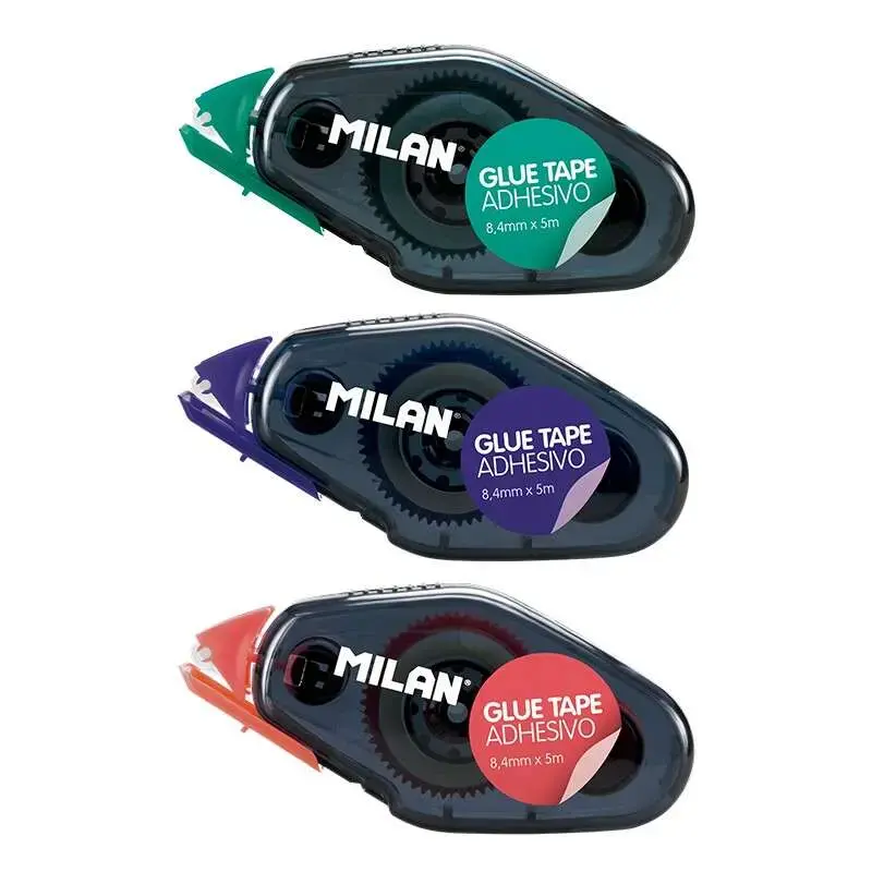 Milan Expositor de 24 Cintas de Pegamento Compacto 8,4mm x 5m - Diseño Ergonomico - Secado Rapido - Colores Surtidos | Ahorro Im