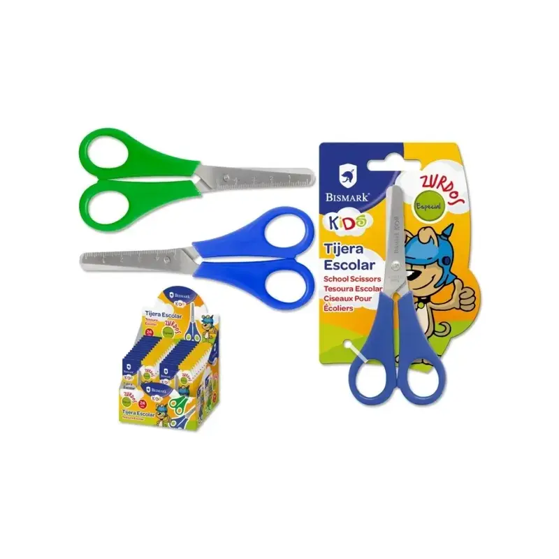 Bismark Kids Tijera Escolar para Zurdos - Mangos en Plastico - Punta Roma - Colores Azul y Verde | Ahorro Imprimiendo