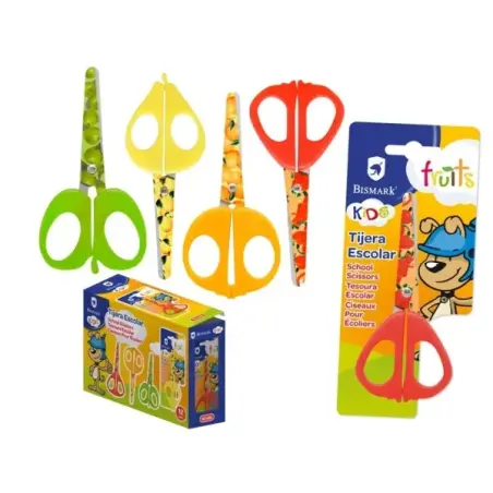 Bismark Kids Fruits Tijera Escolar 13cm - Hojas y Mangos Decorados con Frutas - Mangos en Plastico - Punta Roma - 4 Diseños Surt