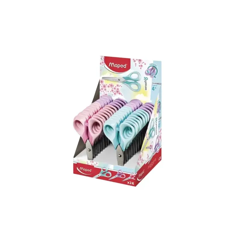 Maped Sensoft Tijera Escolar Punta Redonda 13cm - Hojas de Acero Inoxidable - Mango de Plastico Simetrico - Colores Pastel Surti