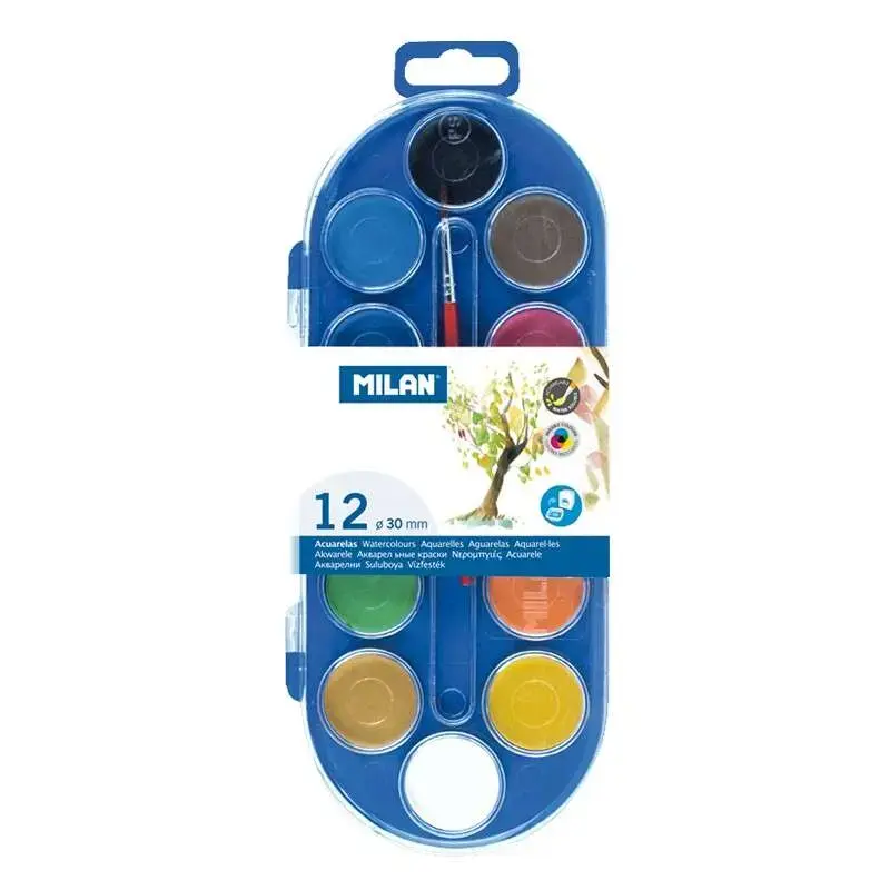 Milan Estuche de 12 Acuarelas Ø30 mm + Pincel Serie 101 - Mezclable - Colores Surtidos | Ahorro Imprimiendo