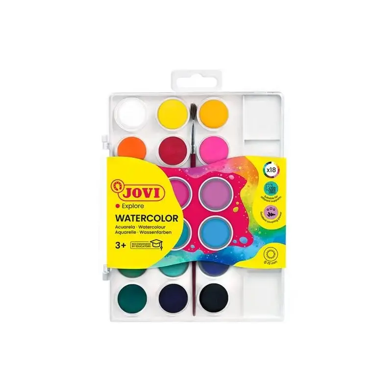 Jovi Pack de 18 Acuarelas en Pastilla 22mm + Pincel - Brillantes - Facilmente Mezclables - Colores Surtidos | Ahorro Imprimiendo