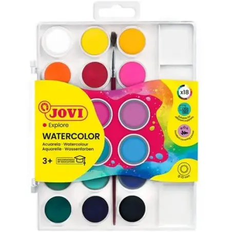 Jovi Pack de 18 Acuarelas en Pastilla 22mm + Pincel - Brillantes - Facilmente Mezclables - Colores Surtidos | Ahorro Imprimiendo
