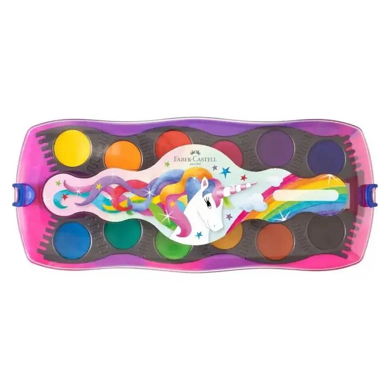 Faber-Castell Connector Unicornio Pack de 12 Acuarelas en Pastilla + Pintura Blanca Opaca + Pegatinas - Gran Opacidad - Facilmen
