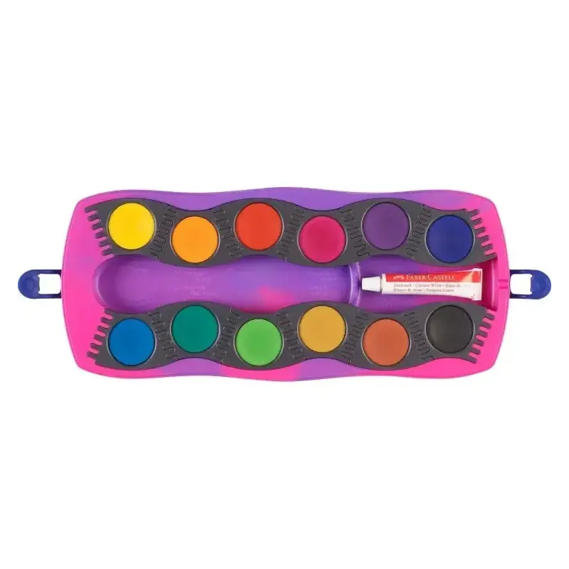 Faber-Castell Connector Unicornio Pack de 12 Acuarelas en Pastilla + Pintura Blanca Opaca + Pegatinas - Gran Opacidad - Facilmen