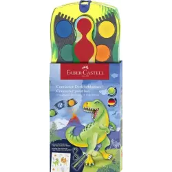 Faber-Castell Connector Dinosaurio Pack de 12 Acuarelas en Pastilla + Pintura Blanca Opaca + Pegatinas - Gran Opacidad - Facilme