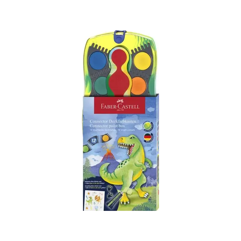 Faber-Castell Connector Dinosaurio Pack de 12 Acuarelas en Pastilla + Pintura Blanca Opaca + Pegatinas - Gran Opacidad - Facilme