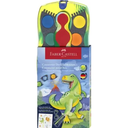 Faber-Castell Connector Dinosaurio Pack de 12 Acuarelas en Pastilla + Pintura Blanca Opaca + Pegatinas - Gran Opacidad - Facilme