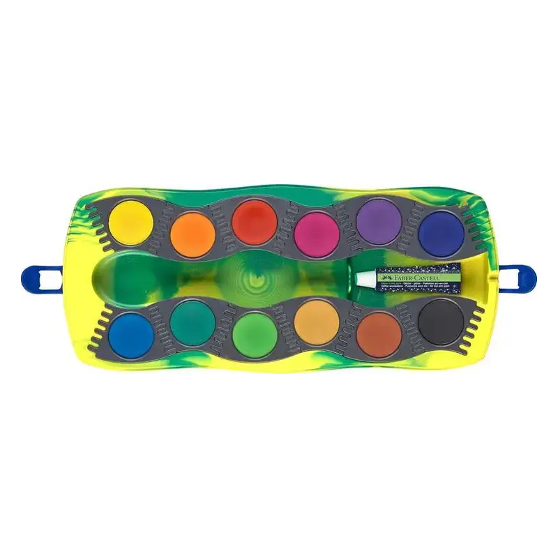 Faber-Castell Connector Dinosaurio Pack de 12 Acuarelas en Pastilla + Pintura Blanca Opaca + Pegatinas - Gran Opacidad - Facilme