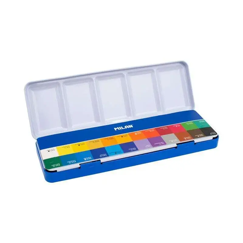 Milan Art Estuche Metalico de 24 Acuarelas Medio Godet - Opacos y Resistentes a la Luz - Mezclables - Bandeja Abatible - Colores