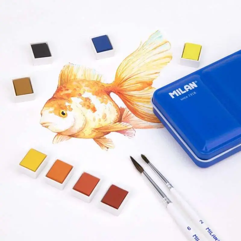 Milan Art Estuche Metalico de 24 Acuarelas Medio Godet - Opacos y Resistentes a la Luz - Mezclables - Bandeja Abatible - Colores