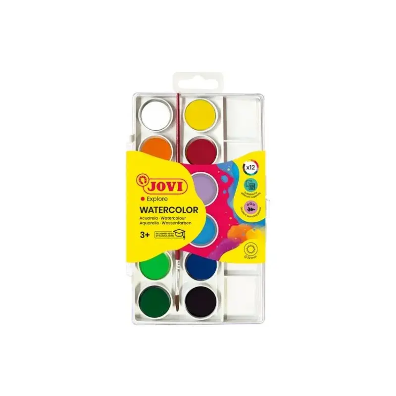 Jovi Pack de 12 Acuarelas en Pastilla 22mm + Pincel - Brillantes - Facilmente Mezclables - Colores Surtidos | Ahorro Imprimiendo