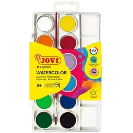 Jovi Pack de 12 Acuarelas en Pastilla 22mm + Pincel - Brillantes - Facilmente Mezclables - Colores Surtidos | Ahorro Imprimiendo