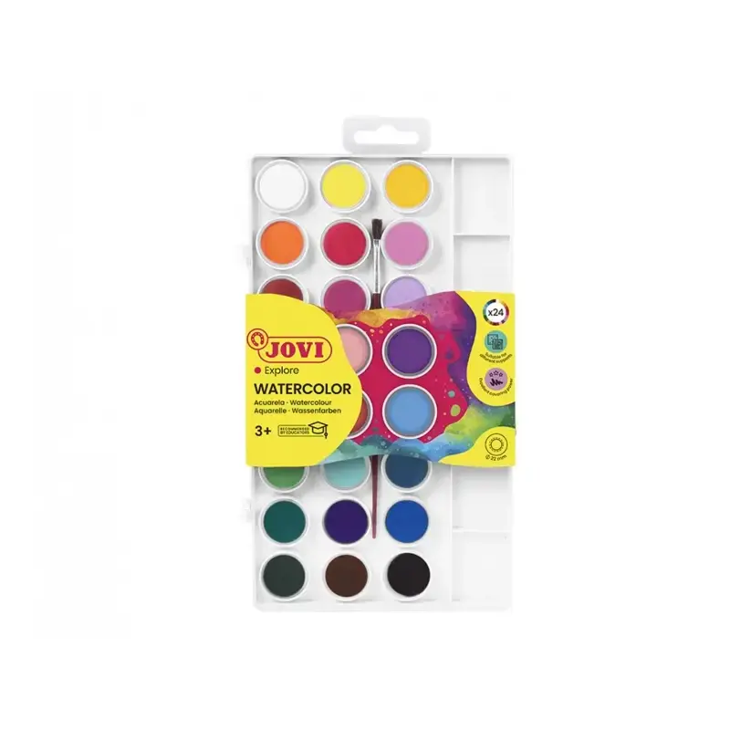 Jovi Pack de 24 Acuarelas en Pastilla 22mm + Pincel - Brillantes - Facilmente Mezclables - Colores Surtidos | Ahorro Imprimiendo