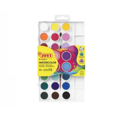 Jovi Pack de 24 Acuarelas en Pastilla 22mm + Pincel - Brillantes - Facilmente Mezclables - Colores Surtidos | Ahorro Imprimiendo