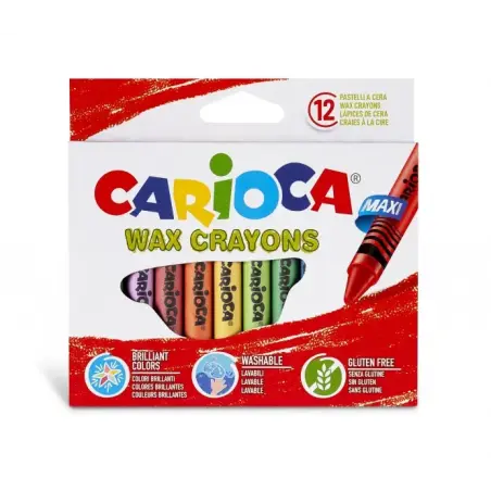Carioca Maxi Pack de 12 Ceras - Colores Brillantes - Lavables - Cuerpo de Ø 12mm - Color Varios | Ahorro Imprimiendo
