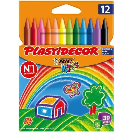 Bic Kids Plastidecor Caja de 12 Lapices de Cera - Extraresistentes - Facil de Sacar Punta - No Mancha | Ahorro Imprimiendo
