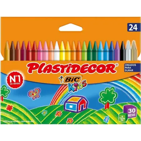 Bic Kids Plastidecor Caja de 24 Lapices de Cera - Extraresistentes - Facil de Sacar Punta - No Mancha | Ahorro Imprimiendo