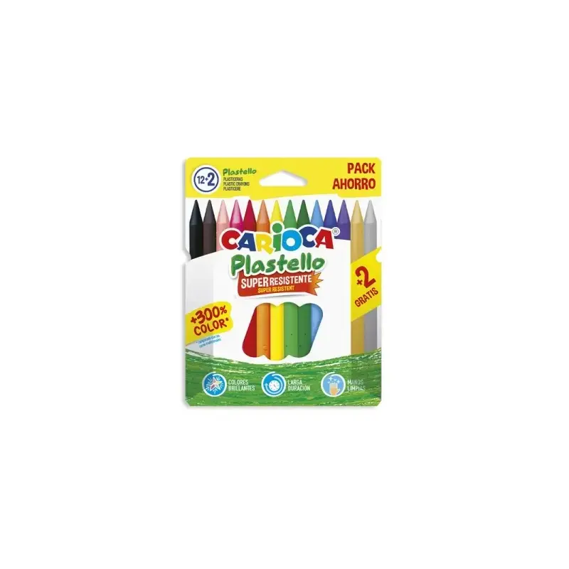 Carioca Plastello Pack de 12+2 Plasticeras - Extra Limpias - No Dejan Color en las Manos - Faciles de Afilar - Colores Surtidos