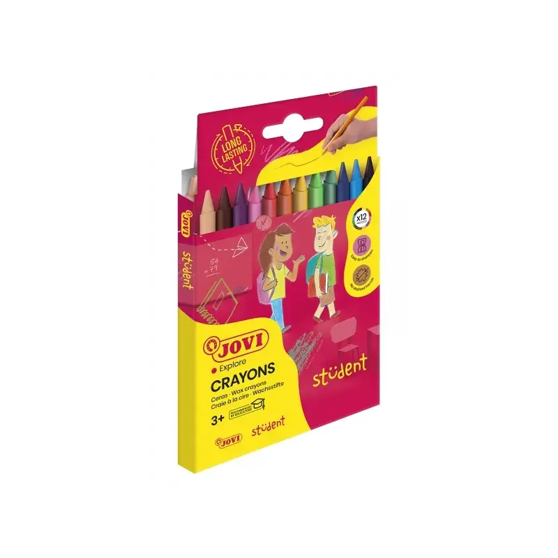 Jovi Crayons Student Estuche de 12 Ceras Plasticas - Resistentes - No Manchan - Agradables de Rayar - Acabado Brillante - Gran D
