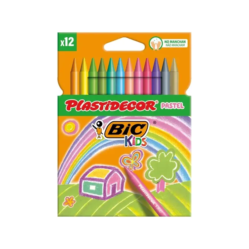 Bic Kids Plastidecor Pastel Caja de 12 Lapices de Cera - Extraresistentes - Facil de Sacar Punta - No Mancha - Colores Pastel Su