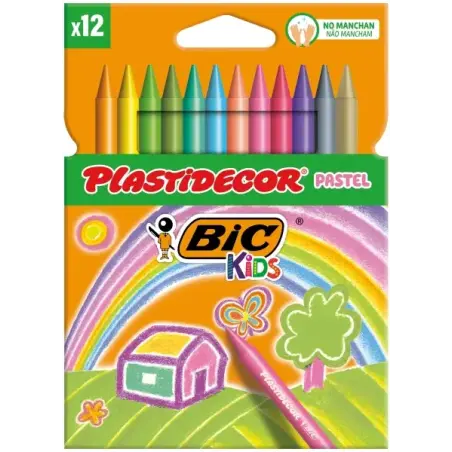 Bic Kids Plastidecor Pastel Caja de 12 Lapices de Cera - Extraresistentes - Facil de Sacar Punta - No Mancha - Colores Pastel Su
