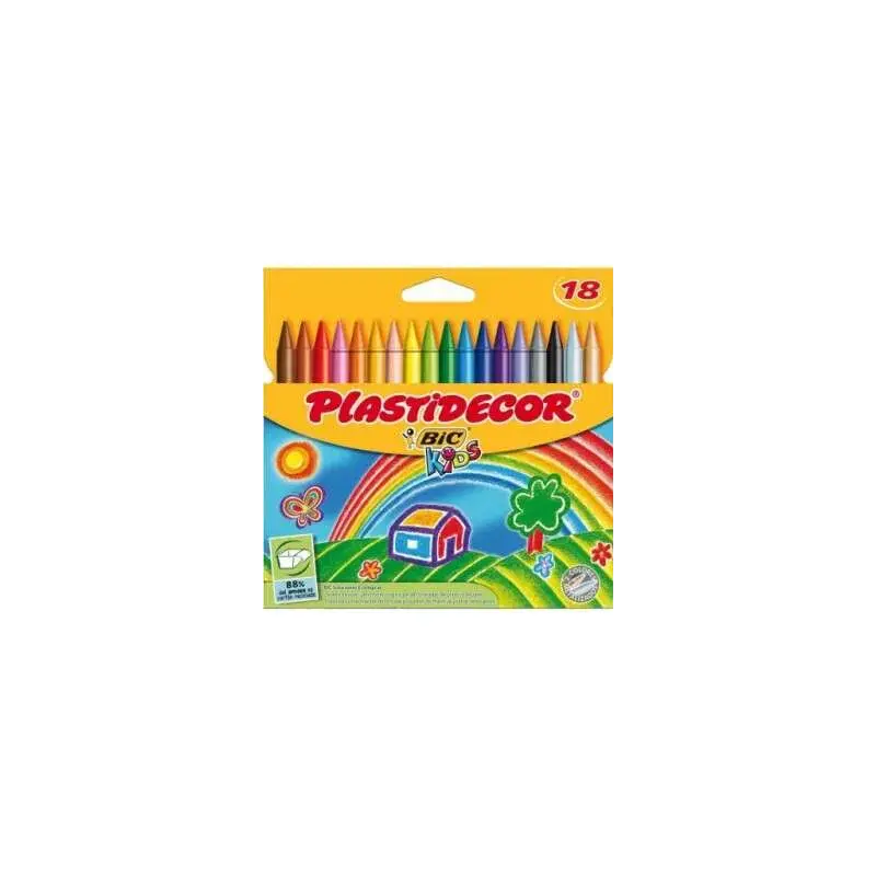 Bic Kids Plastidecor Caja de 18 Lapices de Cera - Extraresistentes - Facil de Sacar Punta - No Mancha | Ahorro Imprimiendo