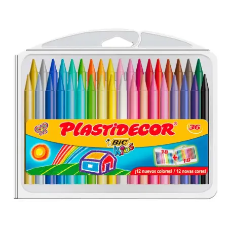 Bic Kids Plastidecor Caja de 36 Lapices de Cera - Extraresistentes - Facil de Sacar Punta - No Mancha | Ahorro Imprimiendo