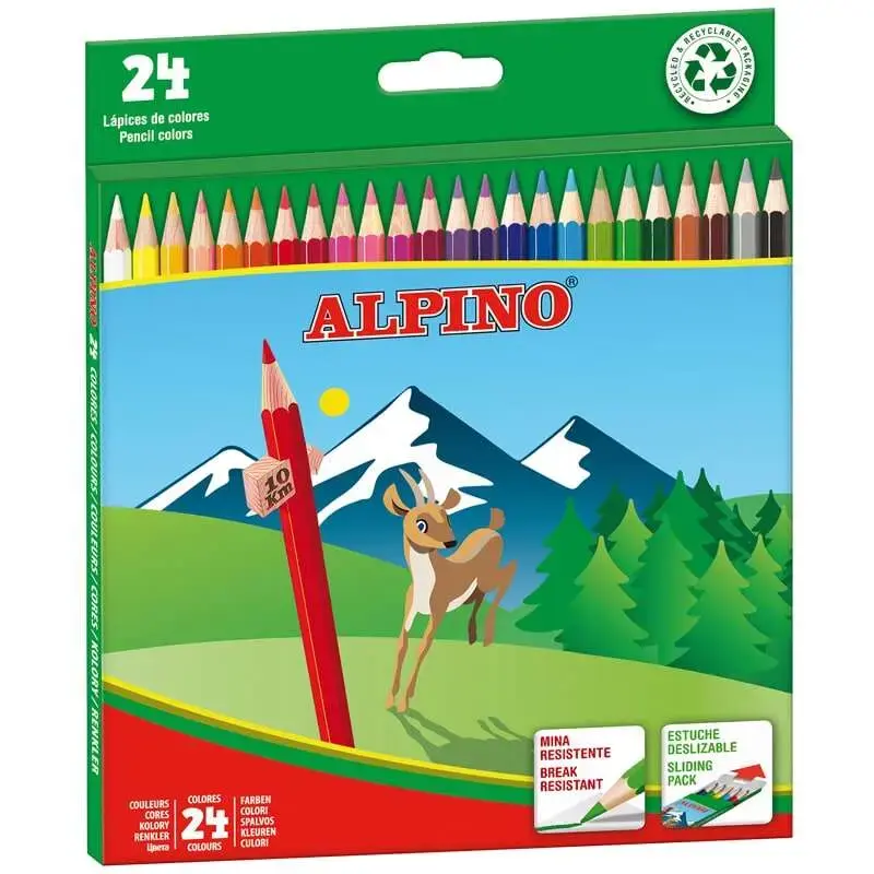 Alpino Pack de 24 Lapices de Colores Hexagonales - Mina de 3mm - Resistente a la Rotura - Bandeja Extraible - Colores Surtidos |