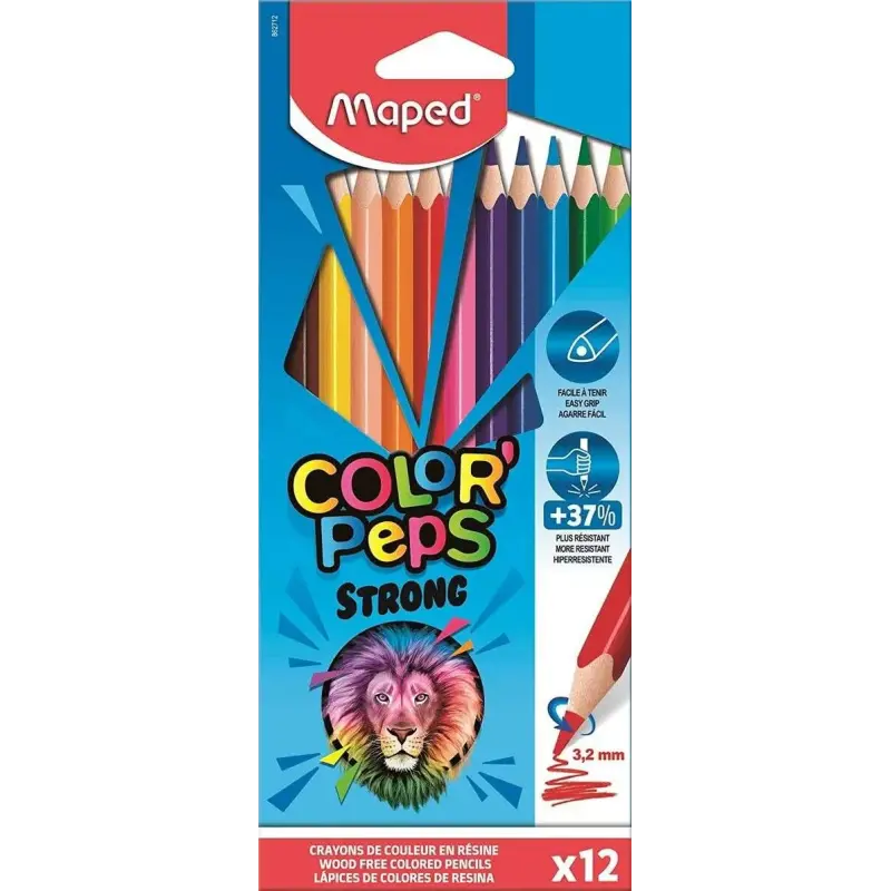Maped Color´Peps Strong Pack de 12 Lapices Triangulares de Colores - Sin Madera - Mina 3,2mm - Punta Ultra Resistente - Colores