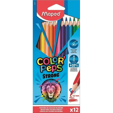 Maped Color´Peps Strong Pack de 12 Lapices Triangulares de Colores - Sin Madera - Mina 3,2mm - Punta Ultra Resistente - Colores