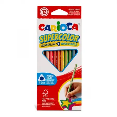 Carioca Supercolor Pack de 12 Lapices de Colores - Cuerpo de Madera Triangular - Colores Intensos y Gran Opacidad - Mina de 3.5m